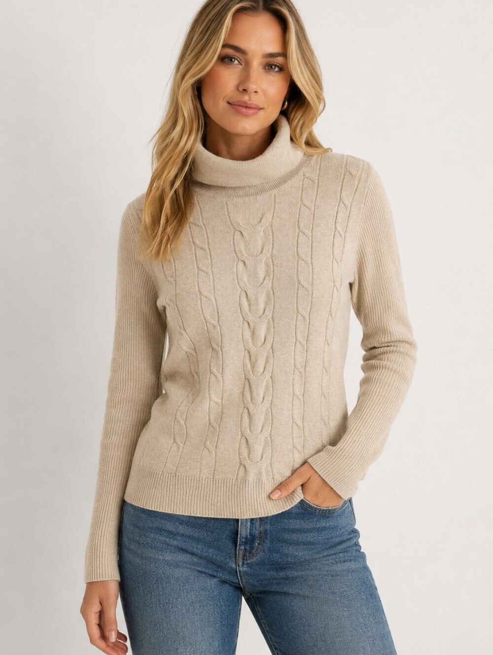 Leani Cable Knit Classic Tan Turtleneck